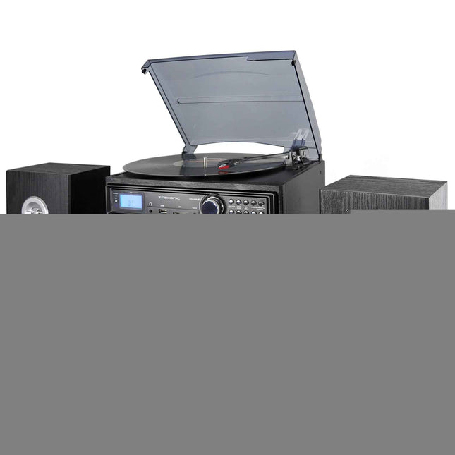 Trexonic 3-Speed Vinyl Turntable Home Stereo System with CD Player, Dual Cassette Player, Bluetooth, FM Radio &amp; USB/SD Recording and Wired Shelf Speakers