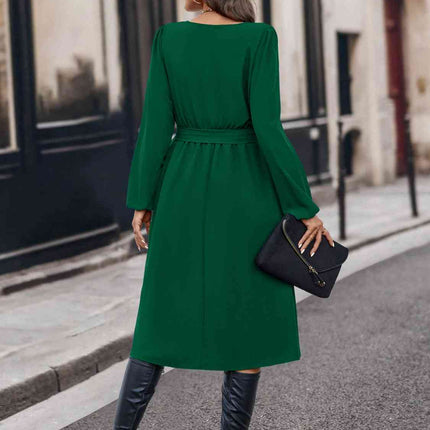 Buttoned Tie Front Long Sleeve Asymmetrical Neck Dress