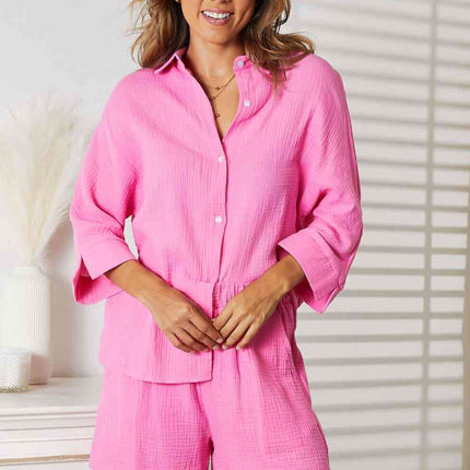 Double Take Textured Shirt and Elastic Waist Shorts Set - Vickie Lynn's