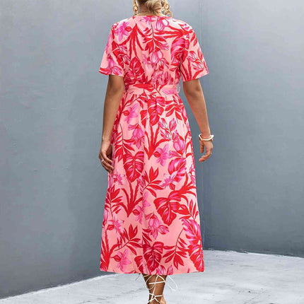 Floral Print High Slit Surplice Neck Tie Waist Midi Dress