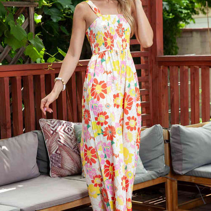 Floral Square Neck Smocked Wide Leg Jumpsuit