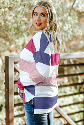 Plus Size Striped Slit Long Sleeve T-Shirt - Vickie Lynn's