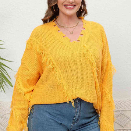 Plus Size Fringe V-Neck Long Sleeve Sweater