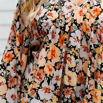 Plus Size Floral V-Neck Balloon Sleeve Blouse
