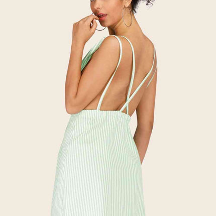 Striped Crisscross Deep V Sleeveless Dress