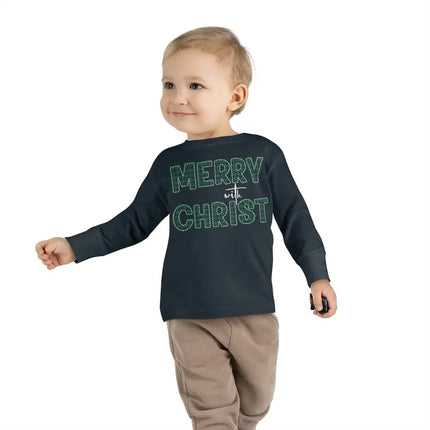 Long Sleeve Graphic T-Shirt for Toddlers, Merry With Christ, Green Plaid Christmas Holiday Pattern Print