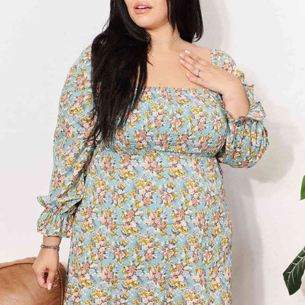 Double Take Floral Smocked Flounce Sleeve Square Neck Dress