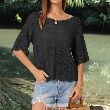 Openwork Round Neck Half Sleeve Knit Top