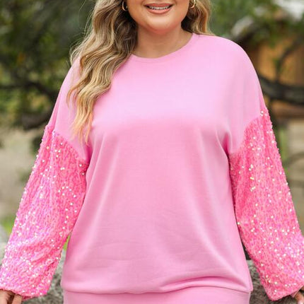Plus Size Sequin Round Neck Dropped Shoulder Sweatshirt