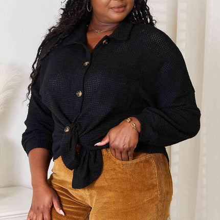 Double Take Waffle-Knit Collared Neck Dropped Shoulder Shirt