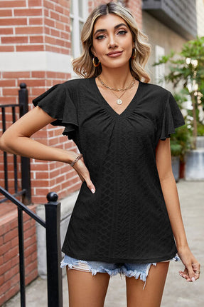Eyelet V-Neck Flutter Sleeve T-Shirt