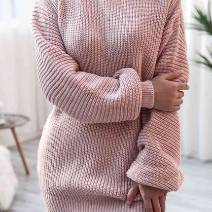 Rib-Knit Balloon Sleeve Boat Neck Sweater Dress