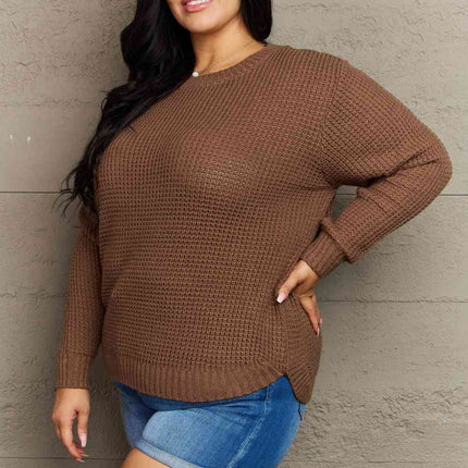 Zenana Breezy Days Plus Size High Low Waffle Knit Sweater