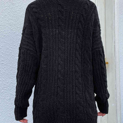 Woven Right Cable-Knit Open Front Cardigan with Front Pockets