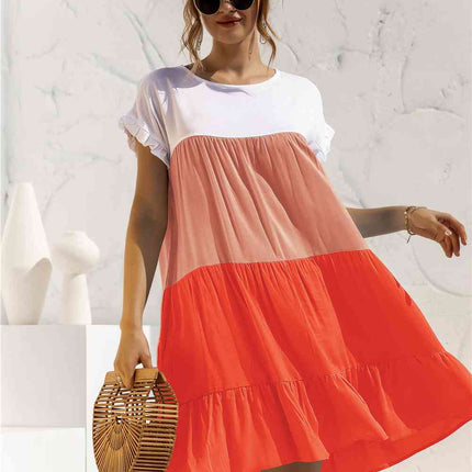 Color Block Round Neck Ruffle Hem Dress