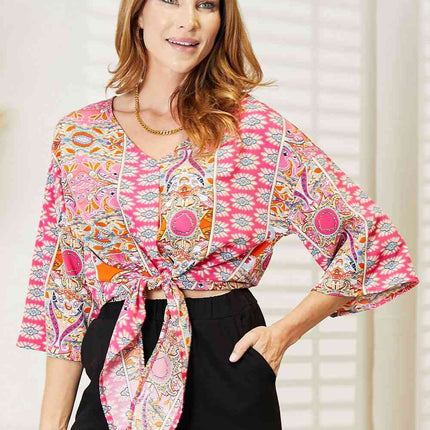 Double Take Tie Hem V-Neck Three-Quarter Sleeve Blouse - Vickie Lynn's