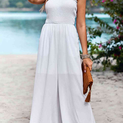 Frill Trim Tie Shoulder Wide Leg Jumpsuit with Pockets