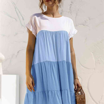 Color Block Round Neck Ruffle Hem Dress