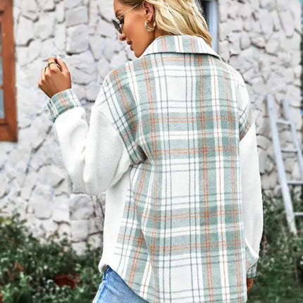 Abrigo estilo camisa a cuadros con temperamento casual para mujer 