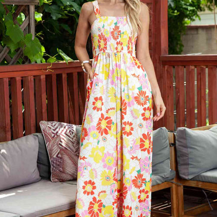 Floral Square Neck Smocked Wide Leg Jumpsuit