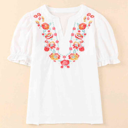 Embroidered Notched Neck Flounce Sleeve Top
