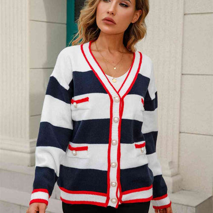 Color Block V-Neck Long Sleeve Cardigan