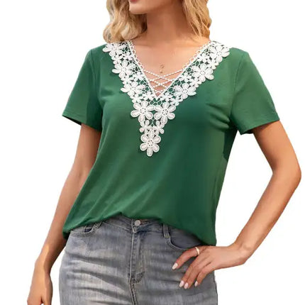 Women's Sexy Deep V Neck Cutout Lace Panel T-Shirt