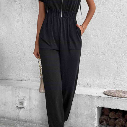 Zip-Up Short Sleeve Hooded Jumpsuit with Pockets