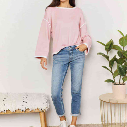 Double Take Contrast Detail Dropped Shoulder Knit Top - Vickie Lynn's