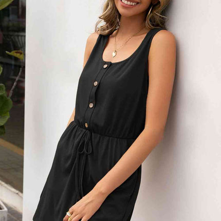 Buttoned Round Neck Sleeveless Romper
