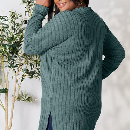 Basic Bae Full Size Ribbed Round Neck Long Sleeve Slit Top - Vickie Lynn's