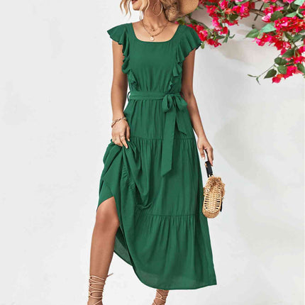 Tie Belt Ruffled Tiered Dress