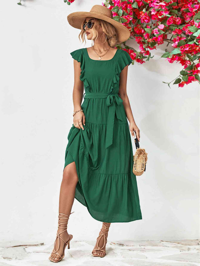 Tie Belt Ruffled Tiered Dress