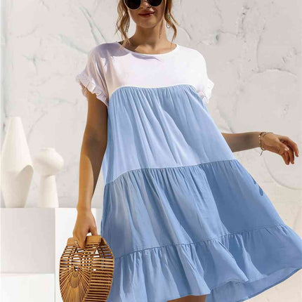 Color Block Round Neck Ruffle Hem Dress