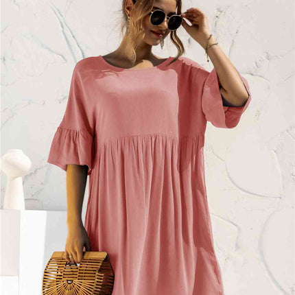 Boat Neck Flounce Sleeve Knee-Length Dress