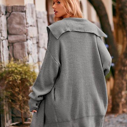 Collared Neck Button-Up Cardigan with Pockets