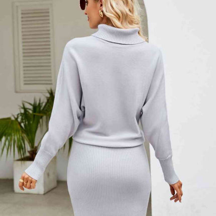 Turtle Neck Long Sleeve Ribbed Sweater Dress