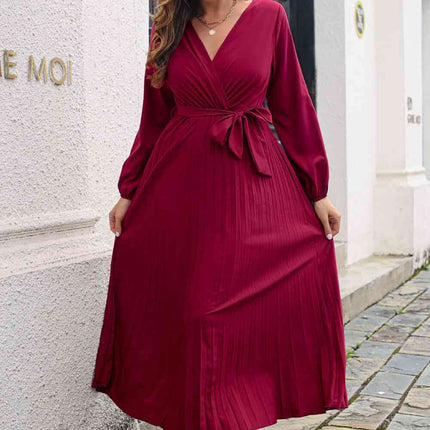 Pleated Long Sleeve Surplice Maxi Dress - Vickie Lynn's
