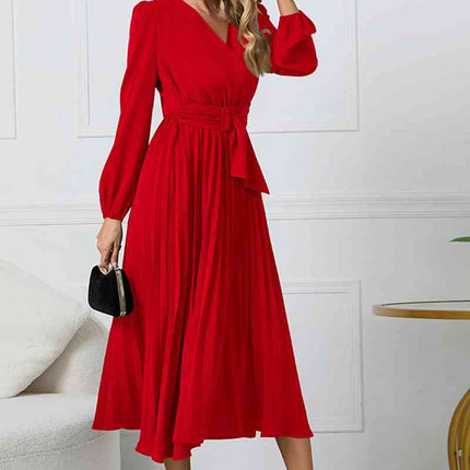 V-Neck Long Sleeve Tie Waist Midi Dress