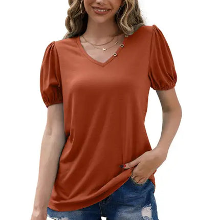 Women's Loose V-Neck Pullover Short Sleeve T-Shirt Solid Color Puff Sleeve Top
