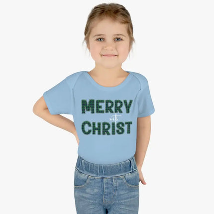 Short Sleeve Baby Onesie for Infants and Toddlers, Merry With Christ, Green Plaid Christmas Holiday Pattern Print