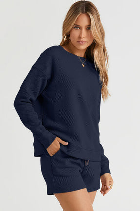Double Take Full Size Texture Long Sleeve Top and Drawstring Shorts Set - Vickie Lynn's