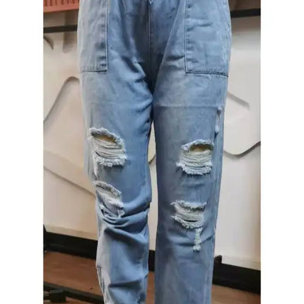 Women's Jeans With Ripped Drawstring Elastic Waist And Washed