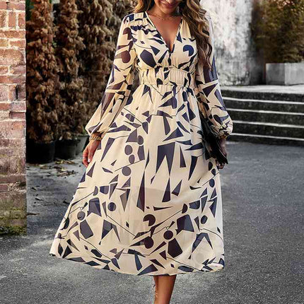 Printed V-Neck Long Sleeve Midi Dress