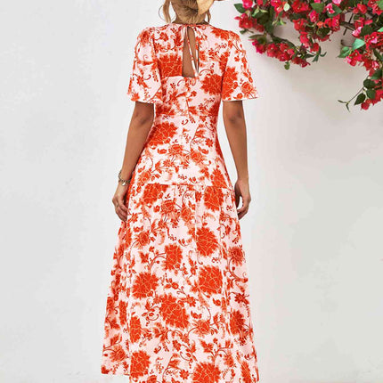Floral Round Neck Tied Open Back Dress
