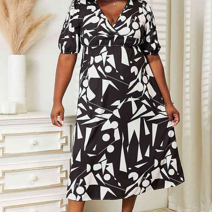 Double Take Printed Surplice Balloon Sleeve Dress - Vickie Lynn's