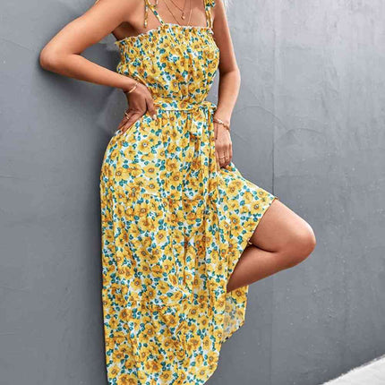 Floral Tie-Shoulder Belted Dress