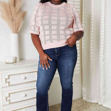 Double Take Ribbed Trim Round Neck Knit Top - Vickie Lynn's