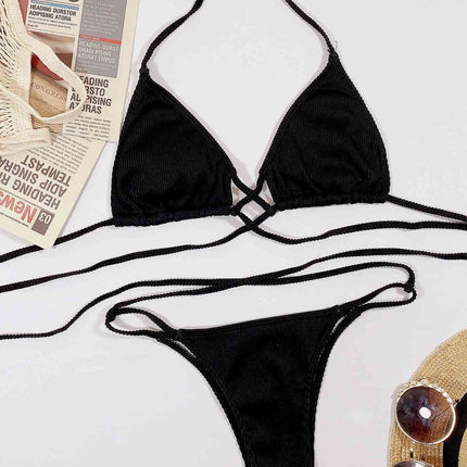 Halter Neck Crisscross Ribbed Bikini Set