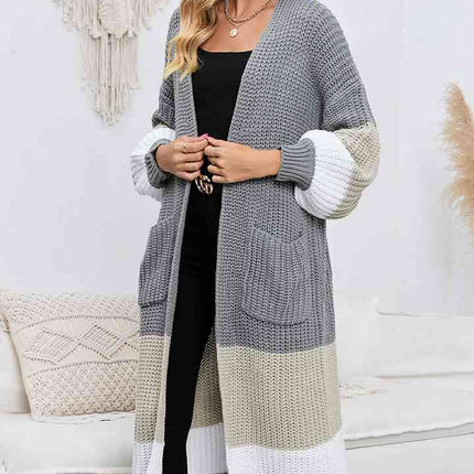 Color Block Long Sleeve Pocketed Cardigan